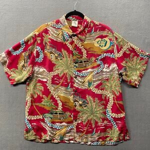 Vtg Island Style Hawaiian Surfer Button Down Shirt Mens L Red Multi Retro Cars